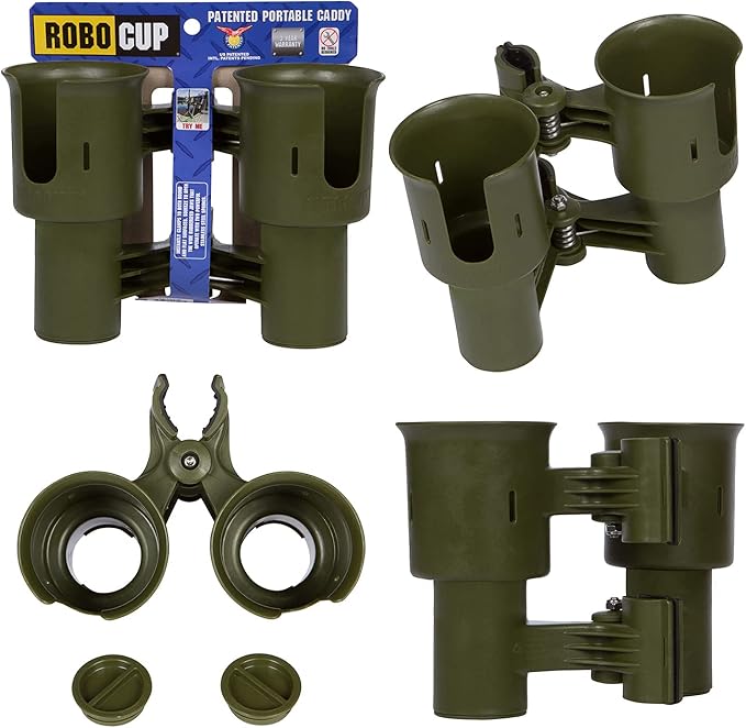 ROBOCUP, (Olive), Patented Clamp On Boat Cup Holder |Multifunction Dual Drink Caddy for Fishing Poles, Tools, Net, Gaff |Portable Storage for Boating, Beach, Umbrellas, Golf Carts, Strollers
