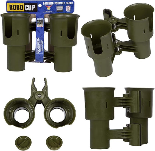 ROBOCUP, (Olive), Patented Clamp On Boat Cup Holder | Multifunction Dual Drink Caddy for Fishing Poles, Tools, Net, Gaff | Portable Storage for Boating, Beach, Umbrellas, Golf Carts, Strollers