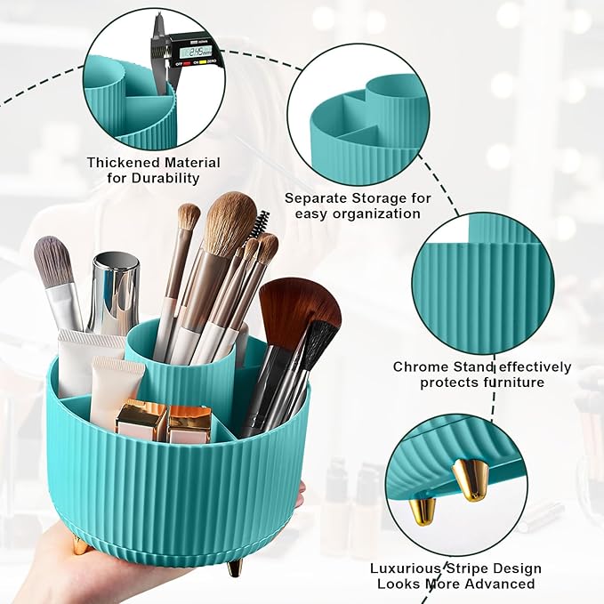 Diesisa 360 Rotating Makeup Brush Organizer With 5 Sections, Spinning Countertop Swivel Makeup Brush Holder for Cosmetics, Nail Polish, Art Supply, Bathroom Vanity Desktop Organizer - Blue