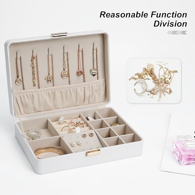 Jewelry Box Secure Travel Jewelry Case Anti-Tarnish Single Layer Organizer for Rings, Earrings, Pendants, Necklaces Compact for Home & Storage White