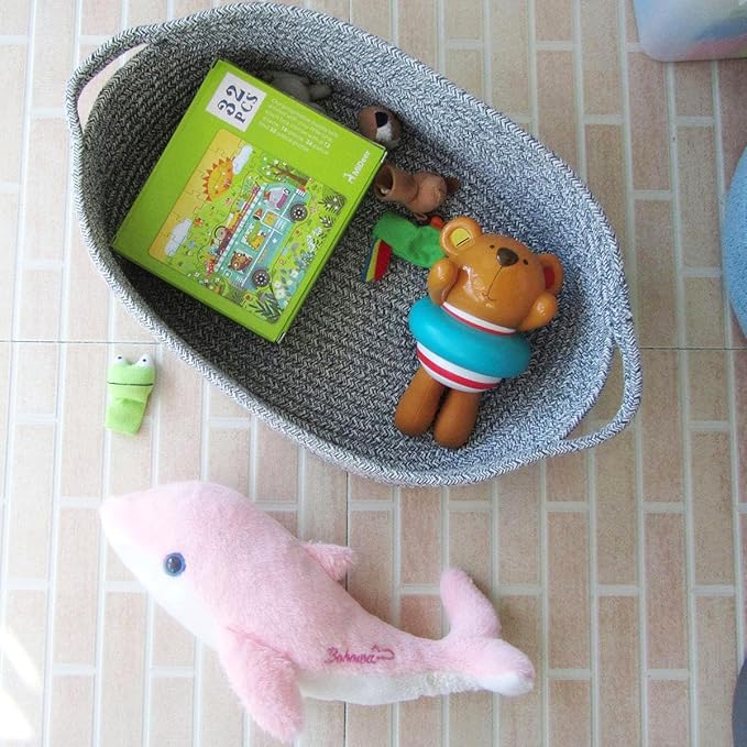 Woven Cotton Rope Storage Basket, Cube Changing Table Organizer for Closet Towels, Baby Nursery Bin, Small Dog Cat Toy Box, Gift Baskets empty (14.5"x 11"x 5") by CIKI HOME