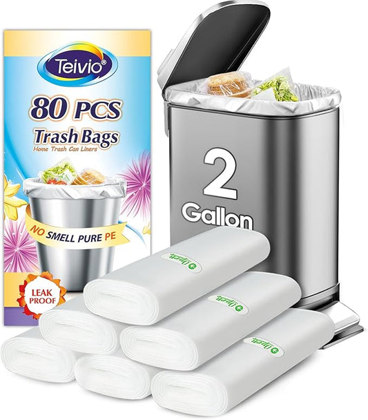 2 Gallon 80 Counts Strong Trash Bags Garbage Bags by Teivio, Bathroom Trash Can Bin Liners, Small Plastic Bags for home office kitchen, Clear