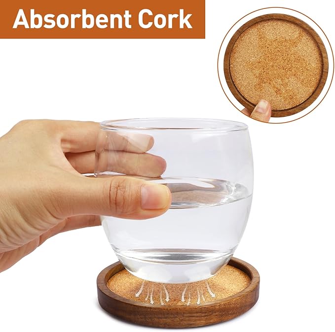 Wooden Drink Coasters Set of 4, Stackable Cup Coaster for Table, 4.2 inch Absorbent Cork Coasters Set for Tabletop Protection, Rustic Glass Coaster for Coffee, Home Decor.
