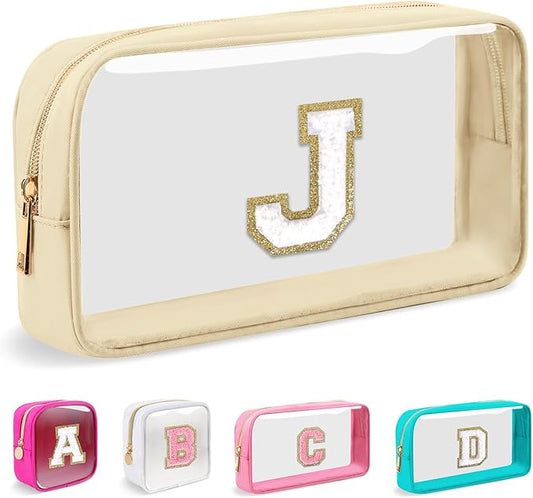 Small Clear Personalized Initial Makeup Bag,Nylon Preppy A-Z Chenille Letter Patch Cosmetic Pouch Beach Toiletry Bag,Waterproof Zipper Travel Purse Storage Bag Organizer for Women Girls(Beige-White J)
