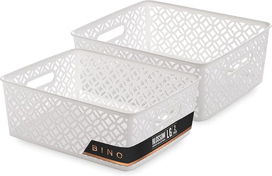 BINO l Plastic Storage Baskets, Large - White | THE BLOSSOM COLLECTION l Multi-Use Organizer Bin l Built-in Handles l Plastic Woven Basket for Organizing l Pantry & Home Organizing Basket