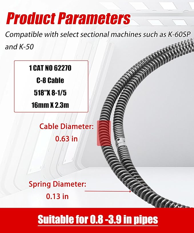 8-1/5 Feet x 5/8 Inch C-8 Drain Snake Cable Fits For Ridgid Sectional Machines Such As K-60SP and K-50,Replace 62270 Drain Cleaning Cables