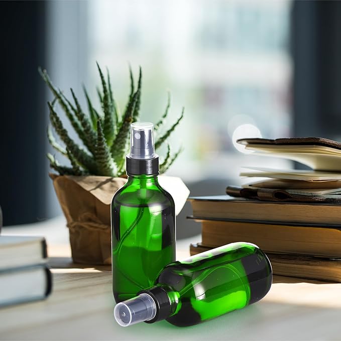 Fumete 2 Pack Glass Bottles 4oz Empty Refillable Liquid Containers with 1 Label 1 Funnel for Essential Oils Hair Travel Plants Cleaning Skin Care(Green, Black Top,Mist Bottle)
