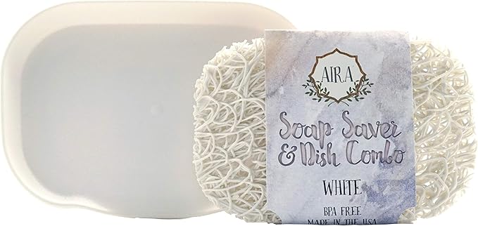 Aira Soap Saver - Dish & Holder Accessory - USA Made - BPA Free Shower & Bath Holder - Drains Water, Circulates Air, Extends Soap Life - Fits All Dish Sets - White Combo