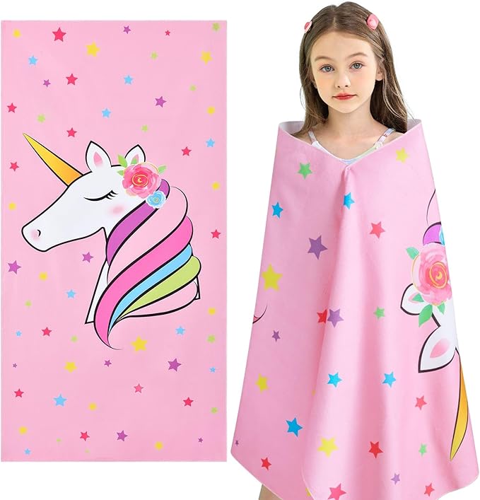 Unicorn Kids Beach Towel for Girls - 30” x 60” Pink Pool Swimming Towels Personalized Beach Towels for Girls Kids Quick Dry Ultra Absorbent Super Soft Beach Blanket Camping Travel Bath Shower Towel