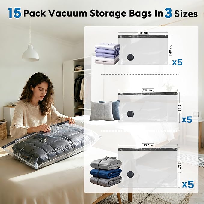 Mapambo Travel Vacuum Bags with -60000Pa LED Electric Pump, 15 Pack Vacuum Seal Bags for Clothing Travel in 3 Combo sizes, Space Saver Vacuum Storage Bags, Saving up to 80% of Space (15 Combo)