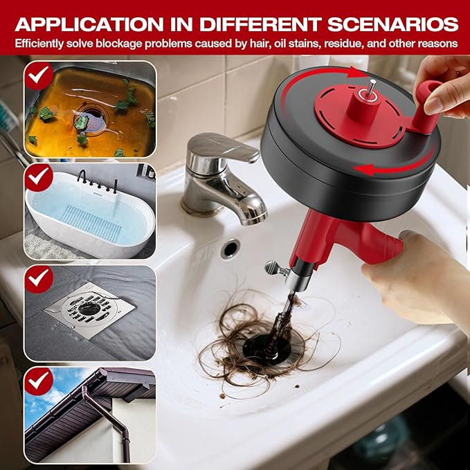 Drain Snake, Plumbing Snake With Drill Adapter, 35ft Heavy Duty Flexible Sink Steel Drain Auger Bathroom Hair Clog Removal Tool, Manual Or Powered - No auto retract or feed