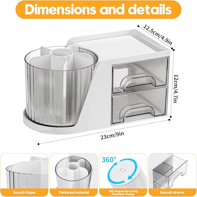 360° Rotating Desk Organizer - 6 Slots Pen and Pencil Holder with 2 Drawers, Art Supply Storage Box Caddy for Office, Home, School (White with 2 Drawer)