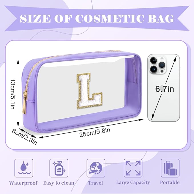 Personalized Initial Letter Clear Makeup Bag, Preppy Small Nylon & PVC Cosmetic Zipper Bag with Chenille Letter, Travel Skincare Toiletry Bag, Monogram Christmas Gift for Teen Girls Women, L