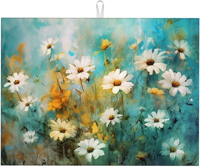 Watercolor Flowers Daisy Absorbent Dishes Drainer/Rack Mat for Countertop Large Size 18 x 24, Microfiber Dish Drying Pads Kitchen Counter Draining Pad, Teal