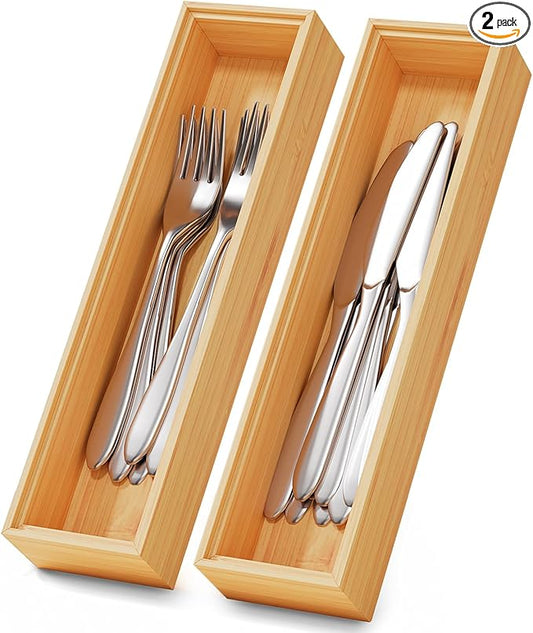 Bamboo Kitchen Drawer Organizer Boxes – 12" x 3" Stackable Wood Silverware Utensil Tray for Drawers Bins, Cutlery & Flatware Storage – Wooden Organizers Set of 2 for Junk Drawer, Bathroom, RV