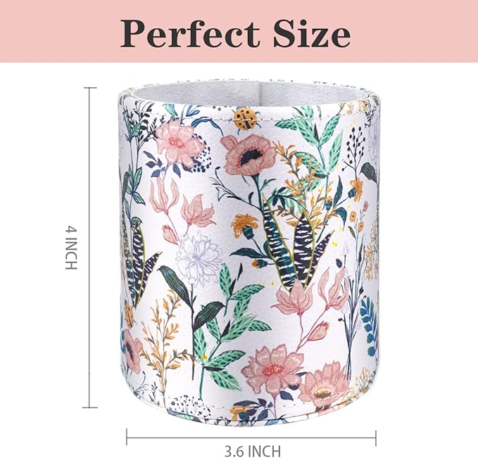 WAVEYU Pen Holder for Women Girls, Aesthetic Desk Office Accessories, Cute Floral Makeup Brush Holder, Leather Multi-Functional Organizer for Office, Home, Classroom, White Flower