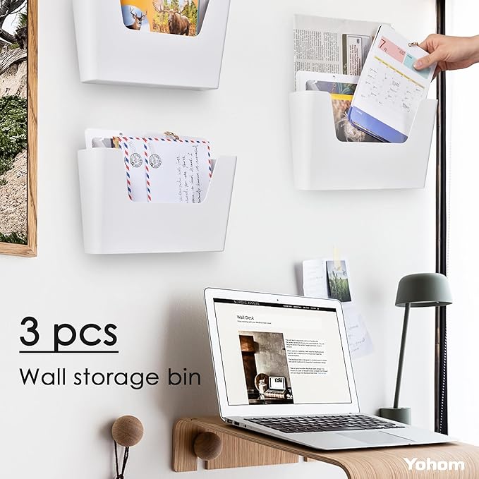 YOHOM Adhesive File Holder Plastic Document Folder Door No Drilling Mount Mail Magazine Organizer A4 Filing Envelopes Folder, Office Wall Mount Single Pocket (WHITE, 3 PCS)