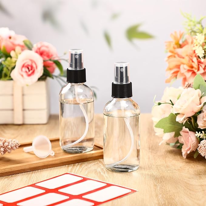 Fumete 2 Pack Glass Bottles 4oz Empty Refillable Liquid Containers with 1 Label 1 Funnel for Essential Oils Hair Travel Plants Cleaning Skin Care(Clear, Black Top,Mist Bottle)