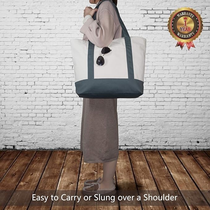 TOPDesign 1-Pack Canvas Tote Bag with an External Pocket, Reusable Grocery Shopping Bag, Top Zipper Closure, Daily Essentials (Grey/Natural)