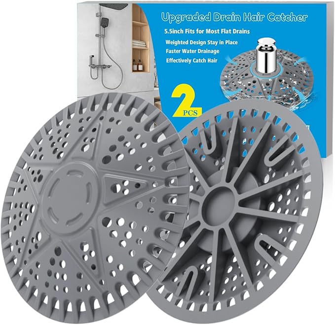 Shower Drain Hair Catcher | 2 Pack 5.5in Large Premium Silicone Drain Protector Strainer | Bathroom Essentials Shower Drain Cover for Shower Room, Floor Drain, Bathroom Sink-Grey