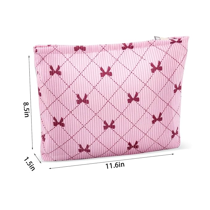 ZLFSRQ Corduroy Makeup Bag for Women Preppy Large Capacity Cosmetic Bags Travel Toiletry Organizer Pouch for Purse Zipper Makeup Brushes Storage Tote Bag Cute Y2K Aesthetic Essential Bags（Pink Bow）