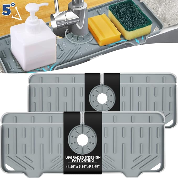 2 Pcs Silicone Faucet Handle Drip Catcher Tray, 2 in 1 Dish Soap Sponge Holder for Kitchen Sink & Splash Guard, Drying Mat for Sink Accessories, Counter, Bathroom