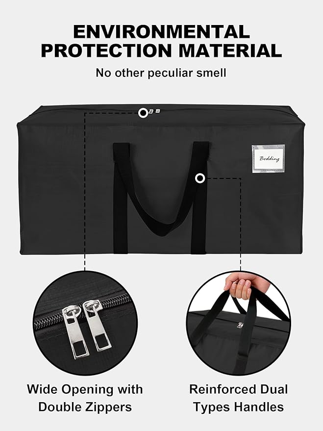 HOMESURE Supports 200lbs Heavy Duty Moving Bags - Strong Zipper & Wrap-Around Handles - Water-Resistant Storage Totes, Durable Alternative to Moving Boxes - 4 Pack - Black