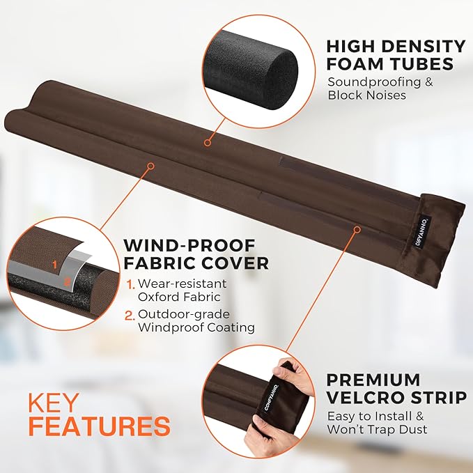 Comfyanno Under Door Draft Stopper - Bottom Door Gap Filler & Seal - Fits 24” to 30” Door, Block Cold Air, Noise, Sound, Wind, Bugs, Easy to Install, Double Side Block, No Adhesive, Brown