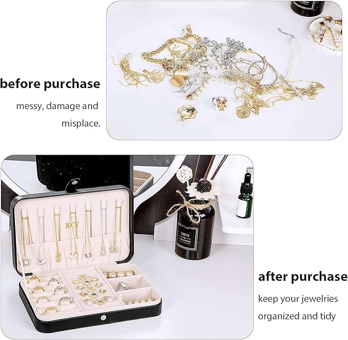 KCY Travel Jewelry Organizer Box for Women Girls, Small Travel Jewelry Case, PU Leather Portable Jewellery Storage Boxes Display Holder for Ring Earrings Necklace Bracelet Bangle, Gifts, Black