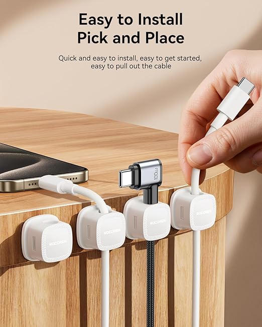 12-Pack Magnetic Cable Clips Cord Organizer-Cable Smooth Adjustable, Rocoren Desk Cable Management Accessories,Cable Holder Clips Wire Holder Keeper for Desktop,Nightstand,Wall,Home Office,Phone,Car