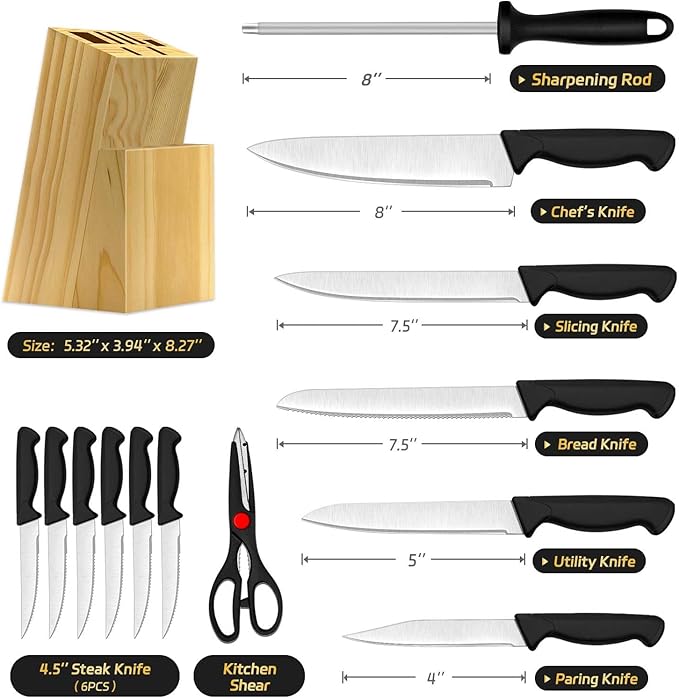 Knife Set, 14-Piece Kitchen Knife Set, German High Carbon Stainless Steel, Durable Knife Block, Black