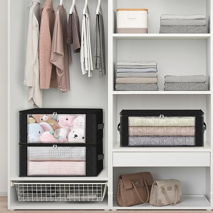 HomeHacks Storage 3-Pack Clothes Organizer Storage Bags Foldable Storage Box with Large Clear Window Sturdy Handles for Closet, Dorm, Pillows, Bedding, Clothes, Blankets, 35L, Black