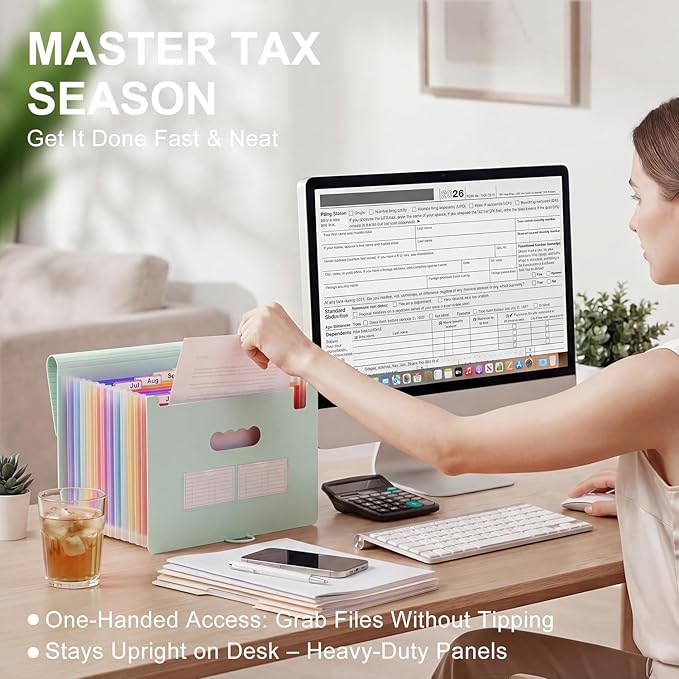 ThinkTex Accordion File Organizer, 12 - Pocket Expanding File Folders for Paper Receipts, Bills & Taxes Organizer, Letter/A4 Size Document Holder for School, Office, Home with tabs-Sage Green