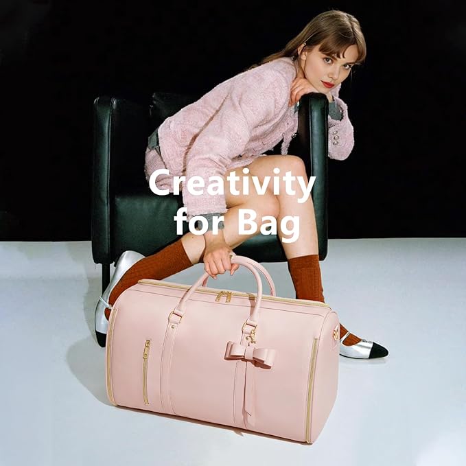 Garment Bags for Travel, Convertible Suit Travel Bag for Women, Fashion & Cute Carry On Garment Bag with Shoe Pouch, 2-in-1 Foldable PU Leather Hanging Duffle Bag, Single-Zipper Design, Pink