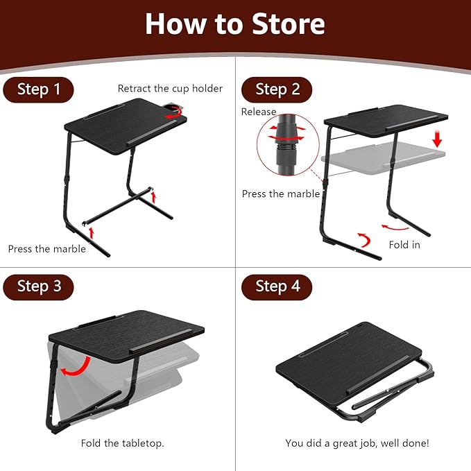 TV Trays Set of 4 - Folding TV Tray Adjustable Dinner Trays for Eating On Couch Wooden Tables Mate Stand Foldable Black Desk with Cup Holder Portable