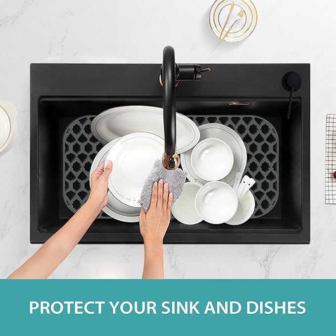 Sink Protectors for Kitchen Sink, Kitchen Sink Accessory - Silicone Mats Grid for Stainless Steel Strainer Bottom of Farmhouse Porcelain sinks (26”x14”, Rear Drain)