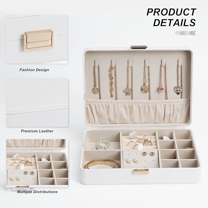 Jewelry Box Secure Travel Jewelry Case Anti-Tarnish Single Layer Organizer for Rings, Earrings, Pendants, Necklaces Compact for Home & Storage White