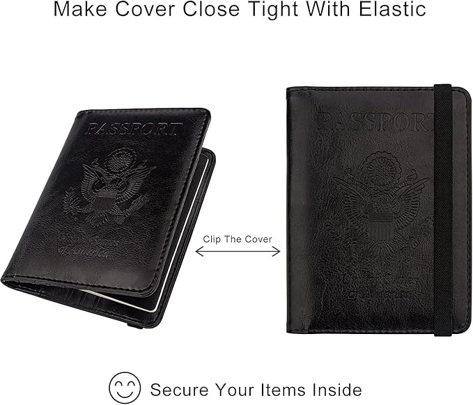 WALNEW Passport Holder for Travel, RFID Passport Cover Wallet for Women Men, PU Leather Passport Book Case with Pen Holder and Clear Photo Slot, Black