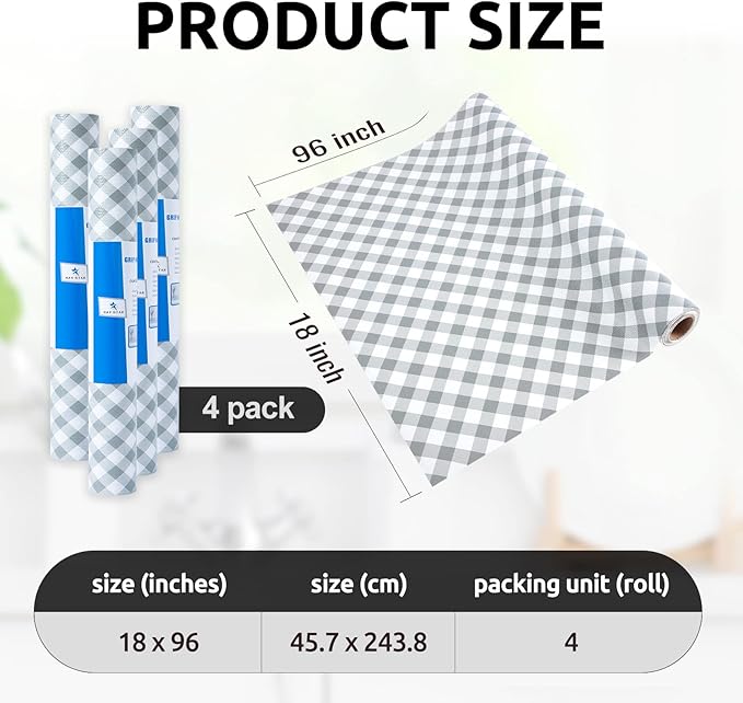 RAY STAR 18X96 Inch Shelf Liner for Kitchen Cabinets, Non-Adhesive Cabinet Liner Washable, PVC Drawer Liner for Dresser Non-Slip Bathroom (Plaid)(4 Roll)