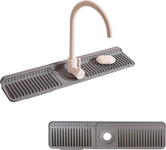 24" Silicone Sink Splash Guard - Kitchen Sink Accessories with Drip Tray, Sponge Holder & Soap Dish, 6° Slope Design for Easy Drainage, Foldable & Fasten Button for Secure Fit, （Grey）