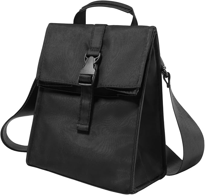 Insulated Foldable Lunch Bag - Lightweight Portable with Adjustable Shoulder Strap Lunch Box for Men, Women, Office, Work, Picnic, Hiking and Beach (Black (Soft Fabric))