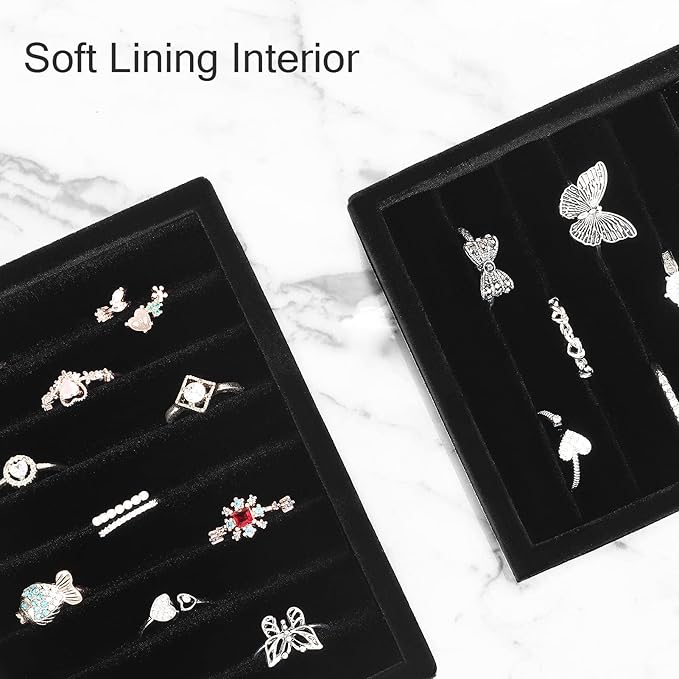 DesignSter Small Jewelry Tray-Ring Organizer 2PCS Premium Velvet Rings Earrings Display Tray Storage Insert Holder for Jewelry Box, Drawer, Dresser (8 Slots, Black)
