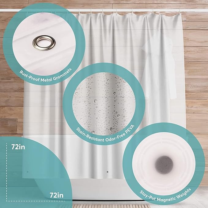 BigFoot Shower Curtain Liner – 72 x 72 PEVA Light Weight Shower Curtain with 12 Rustproof Metal Grommet and 3 Magnetic Weights – Odor Free and Compatible with Standard Showers, Clear