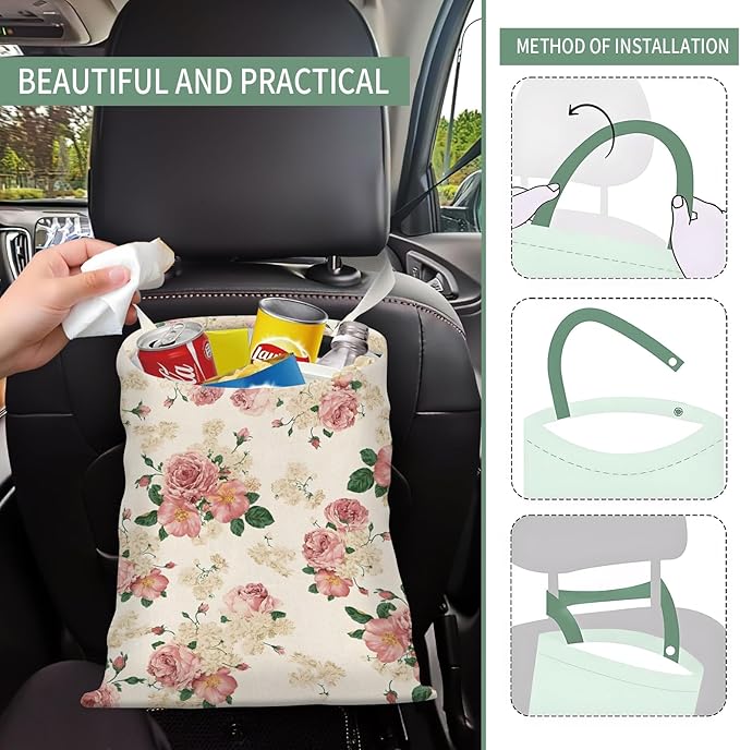 Cute Car Trash Can, Hanging Canvas Car Back Seat Organizer and Storage Bag, Funny Car Trash Bag for Travelling, Outdoor Vintage Beautiful Roses