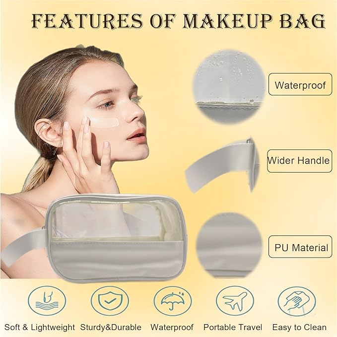 Clear Makeup Bag, Portable Travel Toiletry Cosmetic Bag Case for Women, TSA Approved Transparent PVC Waterproof Clear Pouch for Travel Essentials for Women - White