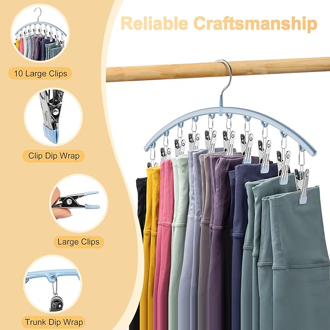 Volnamal Legging Organizer for Closet, Metal Yoga Pants Hanger w/Rubber Coated 4 Pack w/10 Clips Hold 40 Leggings, Hangers Space Saving Hanging for Closet Organizers and Storage, Blue
