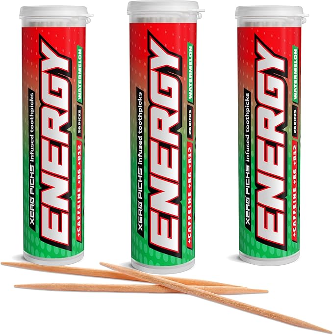 Xero Picks Energy Caffeine Flavored Toothpicks B12 for Focus & B6, 60 Picks (Pack of 3) (Watermelon) Sugar-Free Alternative to Energy Mints & Gum - Kosher
