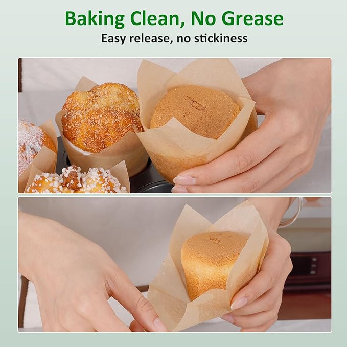 Caperci 150pcs Natural Tulip Cupcake Liners Unbleached European Parchment Paper Baking Cups Muffin Liners for Party, Wedding, Christmas, Birthday