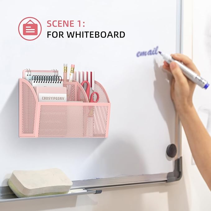 DALTACK Magnetic Pencil Holder Shelf for the Whiteboard, 3-Grid Mesh Pen Refrigerator Organizer, Locker Accessories for Home, School, and Office, Pink (3-GridPink)