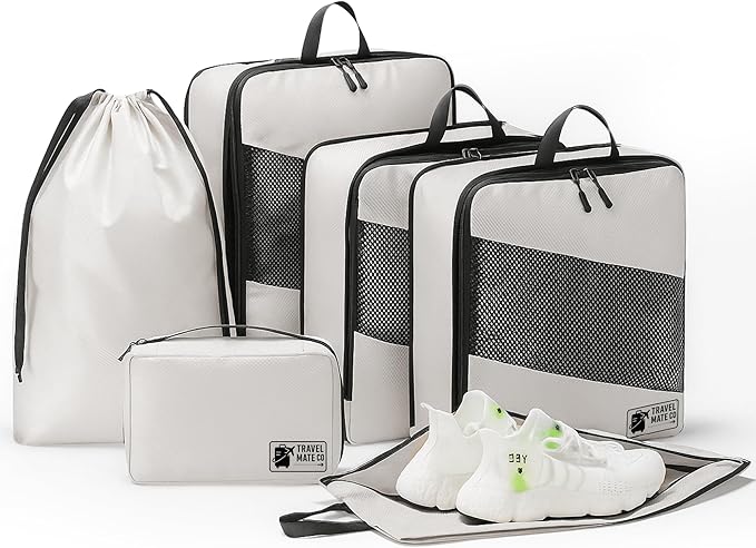Compression Packing Cubes for Travel – 6-Piece Luggage Organizer Set with Double Zipper Compression, Shoe Bag, Laundry Pouch & Toiletry Bag – Lightweight Carry-On & Suitcase Organizers